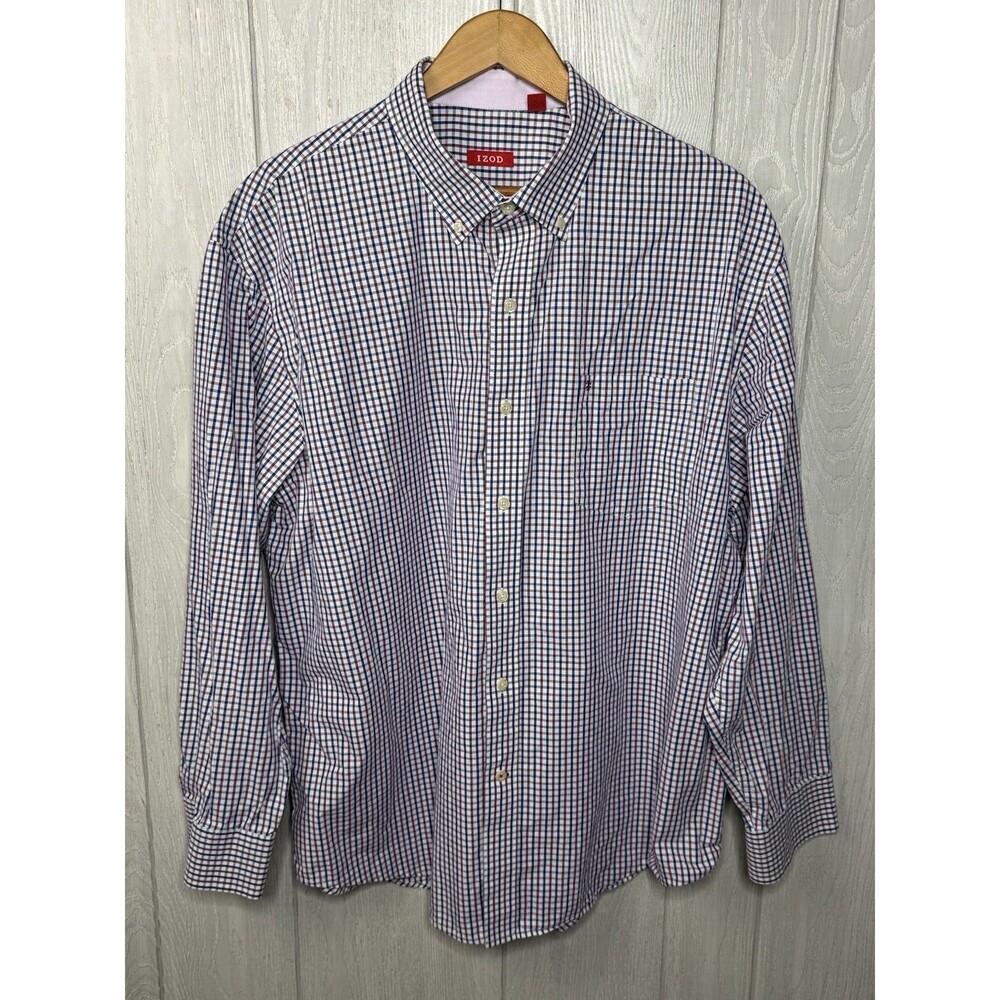 XXL IZOD White Button-Down Collar Check Shirt Long Sleeve Cotton, blue & purple